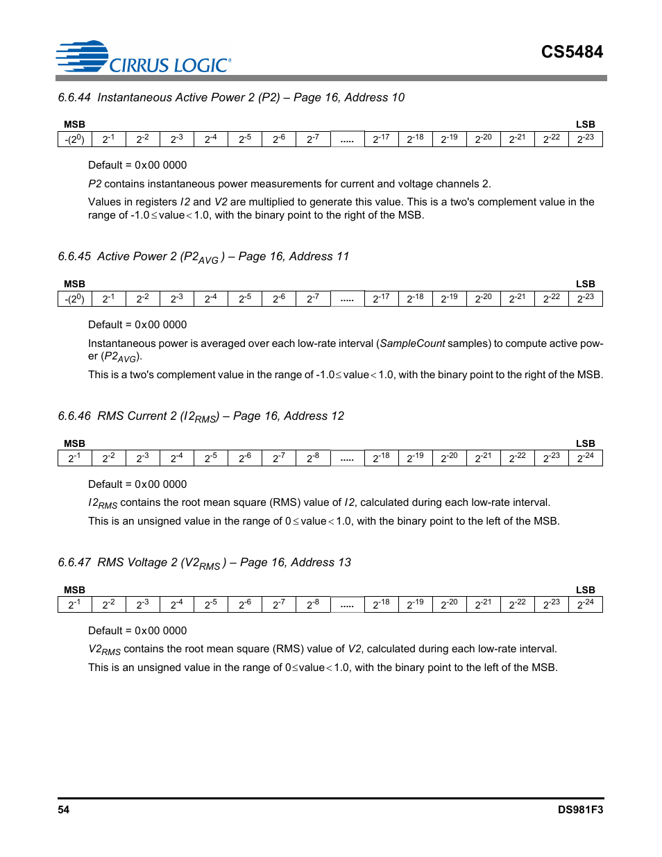 Cs5484, 45 active power 2 (p2, Page 16, address 11 | 46 rms current 2 (i2, Page 16, address 12, 47 rms voltage 2 (v2, Page 16, address 13 | Cirrus Logic CS5484 User Manual | Page 54 / 67
