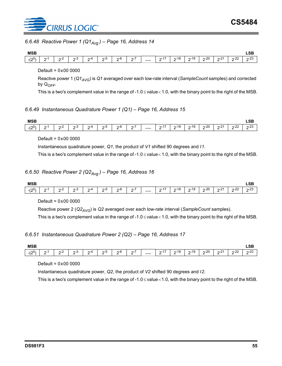 Cs5484, 48 reactive power 1 (q1, Page 16, address 14 | 50 reactive power 2 (q2, Page 16, address 16 | Cirrus Logic CS5484 User Manual | Page 55 / 67