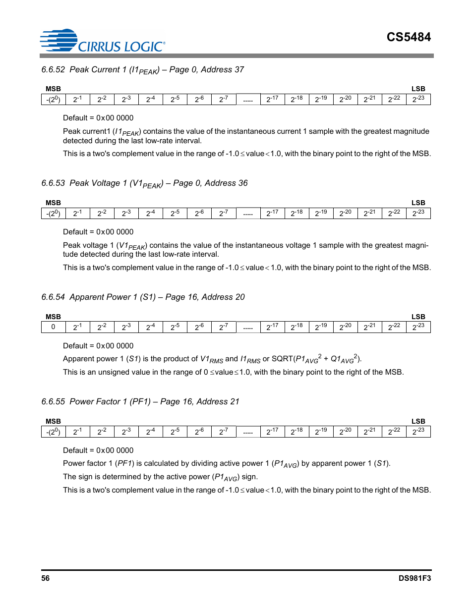 Cs5484, 52 peak current 1 (i1, Page 0, address 37 | 53 peak voltage 1 (v1, Page 0, address 36 | Cirrus Logic CS5484 User Manual | Page 56 / 67