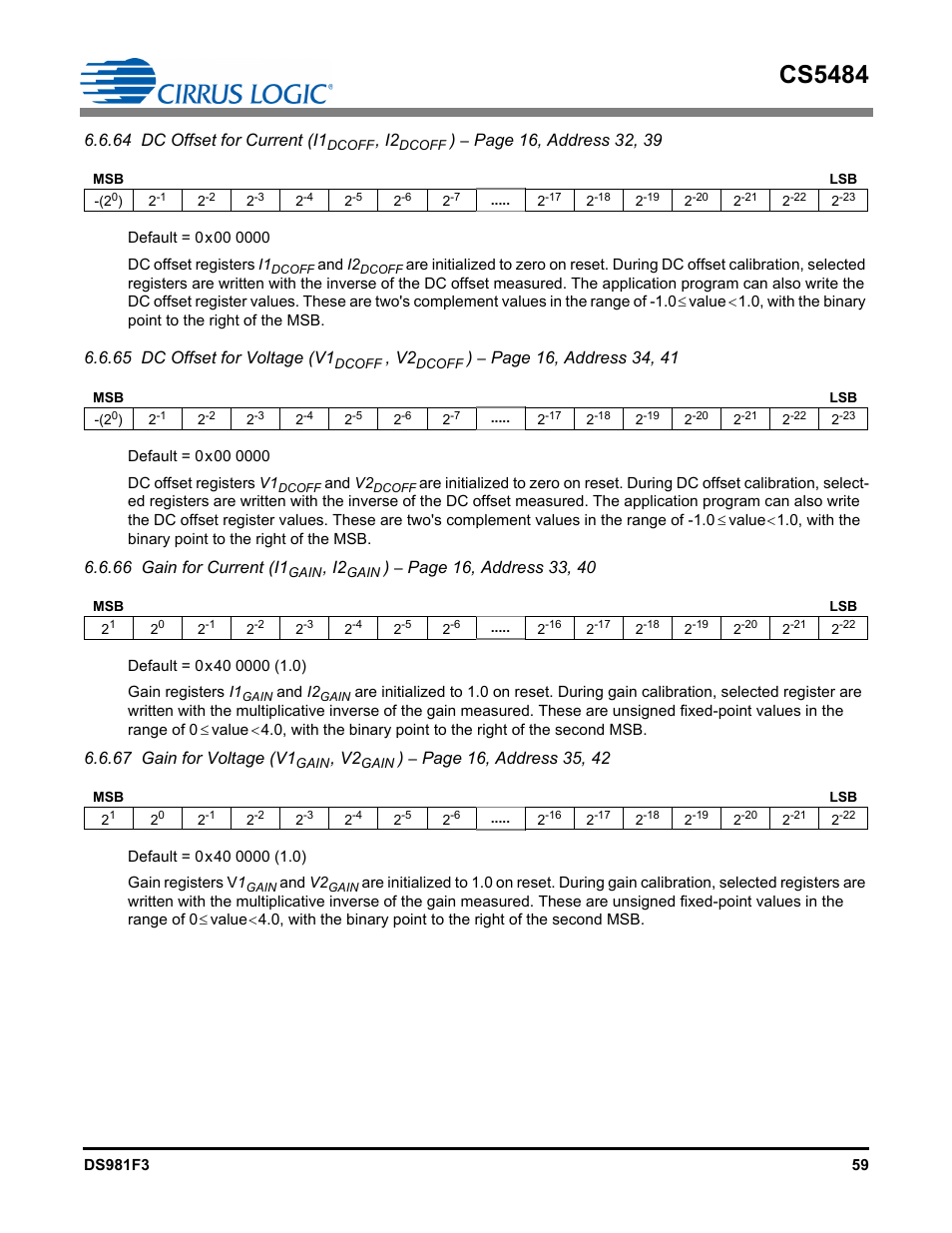 Cs5484, 64 dc offset for current (i1, 65 dc offset for voltage (v1 | 66 gain for current (i1, 67 gain for voltage (v1 | Cirrus Logic CS5484 User Manual | Page 59 / 67