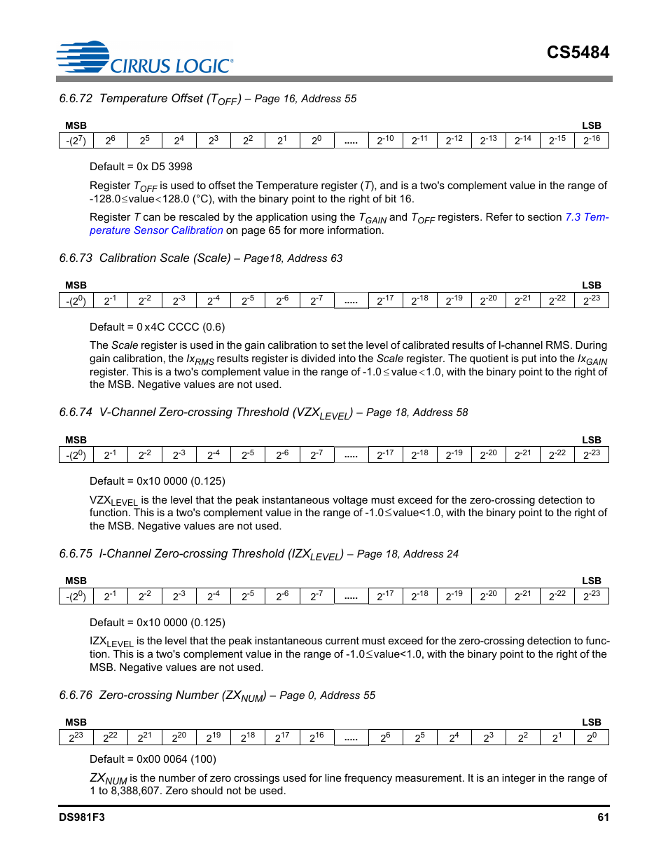 Cs5484, 72 temperature offset (t, 73 calibration scale (scale) | 74 v-channel zero-crossing threshold (vzx, 75 i-channel zero-crossing threshold (izx, 76 zero-crossing number (zx | Cirrus Logic CS5484 User Manual | Page 61 / 67