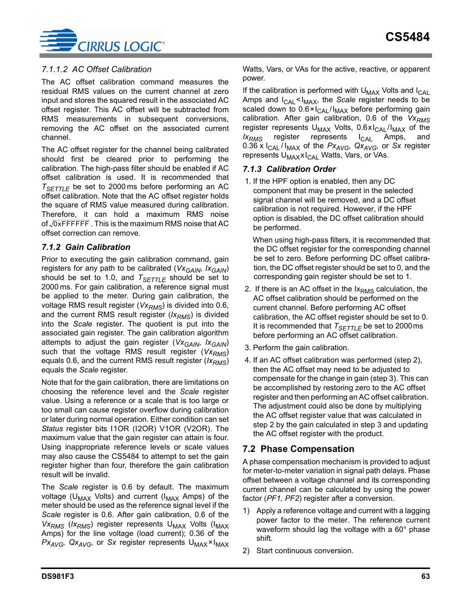 2 ac offset calibration, 2 gain calibration, 3 calibration order | 2 phase compensation, 2 gain calibration 7.1.3 calibration order, Cs5484 | Cirrus Logic CS5484 User Manual | Page 63 / 67