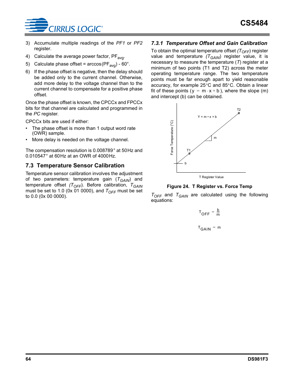 3 temperature sensor calibration, 1 temperature offset and gain calibration, Figure 24. t register vs. force temp | 3 tem, Perature sensor calibration, Cs5484 | Cirrus Logic CS5484 User Manual | Page 64 / 67