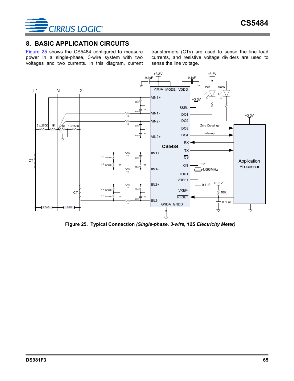 Basic application circuits, Figure 25. typical connection, Cs5484 | L1 l2 n, Application processor | Cirrus Logic CS5484 User Manual | Page 65 / 67