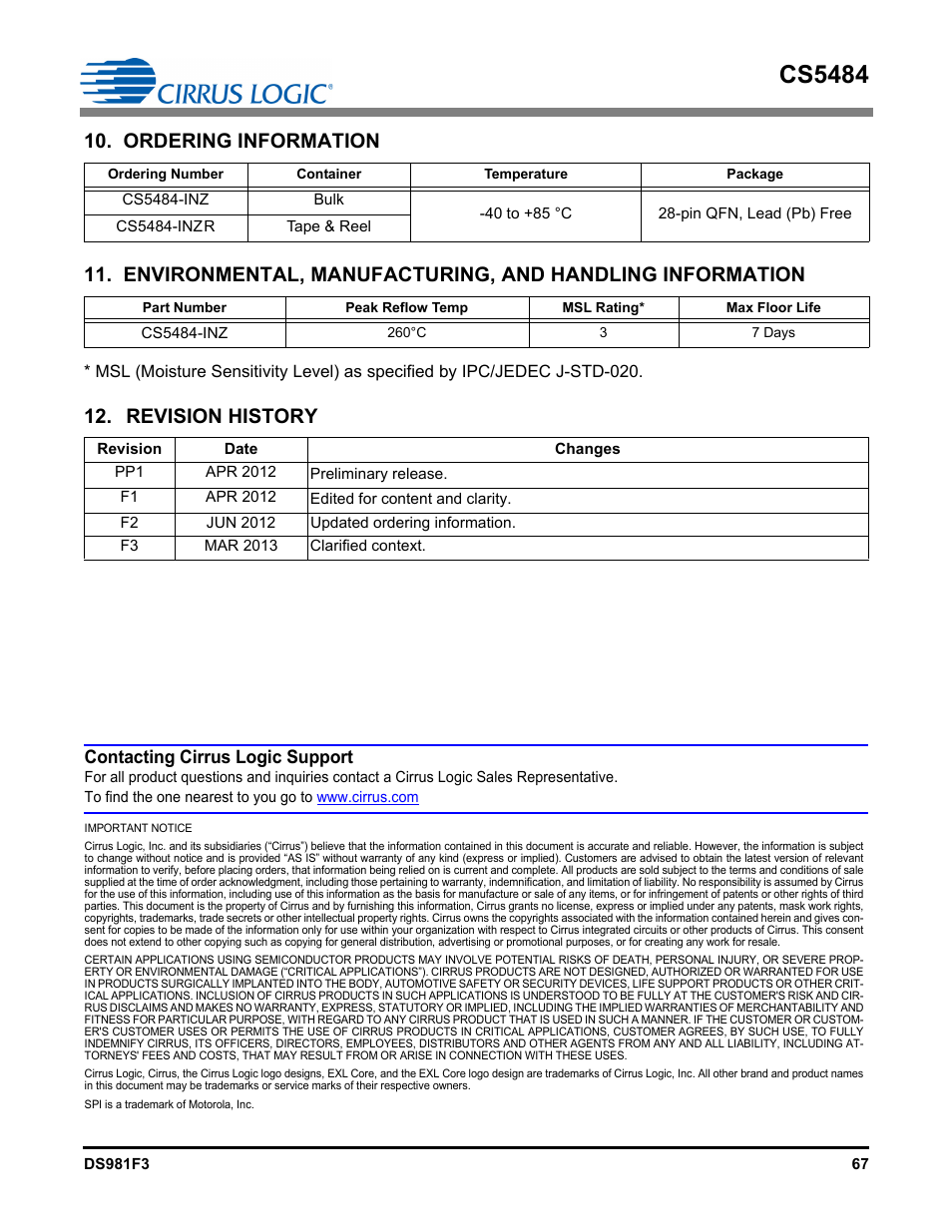 Ordering information, Revision history, Cs5484 | Contacting cirrus logic support | Cirrus Logic CS5484 User Manual | Page 67 / 67