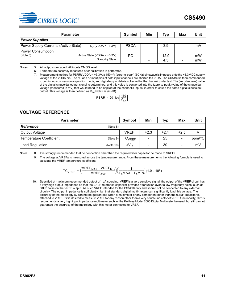 Power supplies, Voltage reference, Note 7 | Note 6), Cs5490 | Cirrus Logic CS5490 User Manual | Page 11 / 57