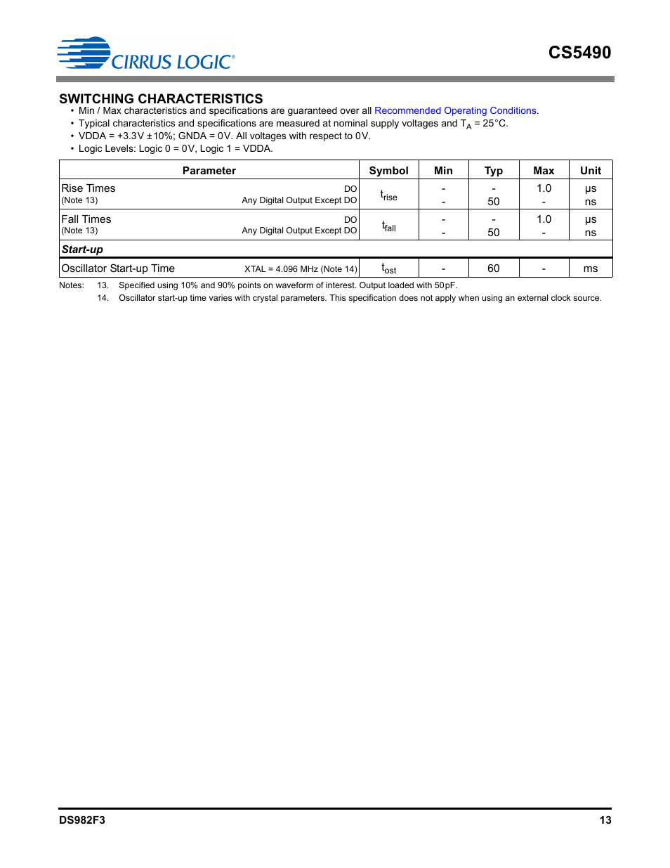 Switching characteristics, Start-up, Cs5490 | Cirrus Logic CS5490 User Manual | Page 13 / 57