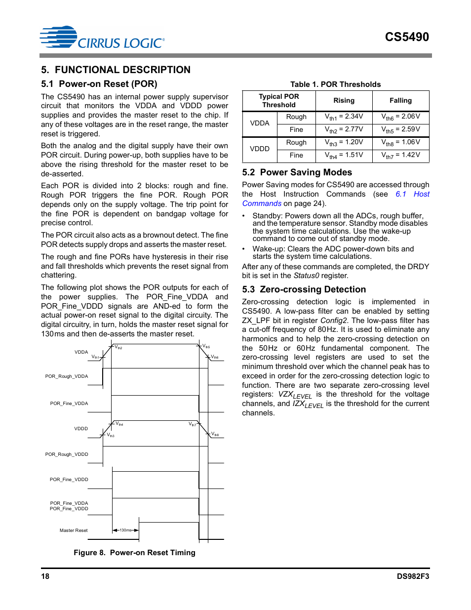 Functional description, 1 power-on reset (por), Figure 8. power-on reset timing | Table 1. por thresholds, 2 power saving modes, 3 zero-crossing detection, Cs5490 | Cirrus Logic CS5490 User Manual | Page 18 / 57