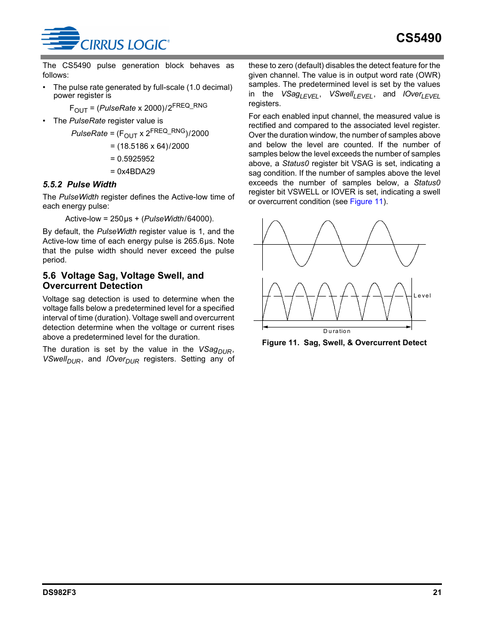 2 pulse width, Figure 11. sag, swell, & overcurrent detect, Cs5490 | Cirrus Logic CS5490 User Manual | Page 21 / 57