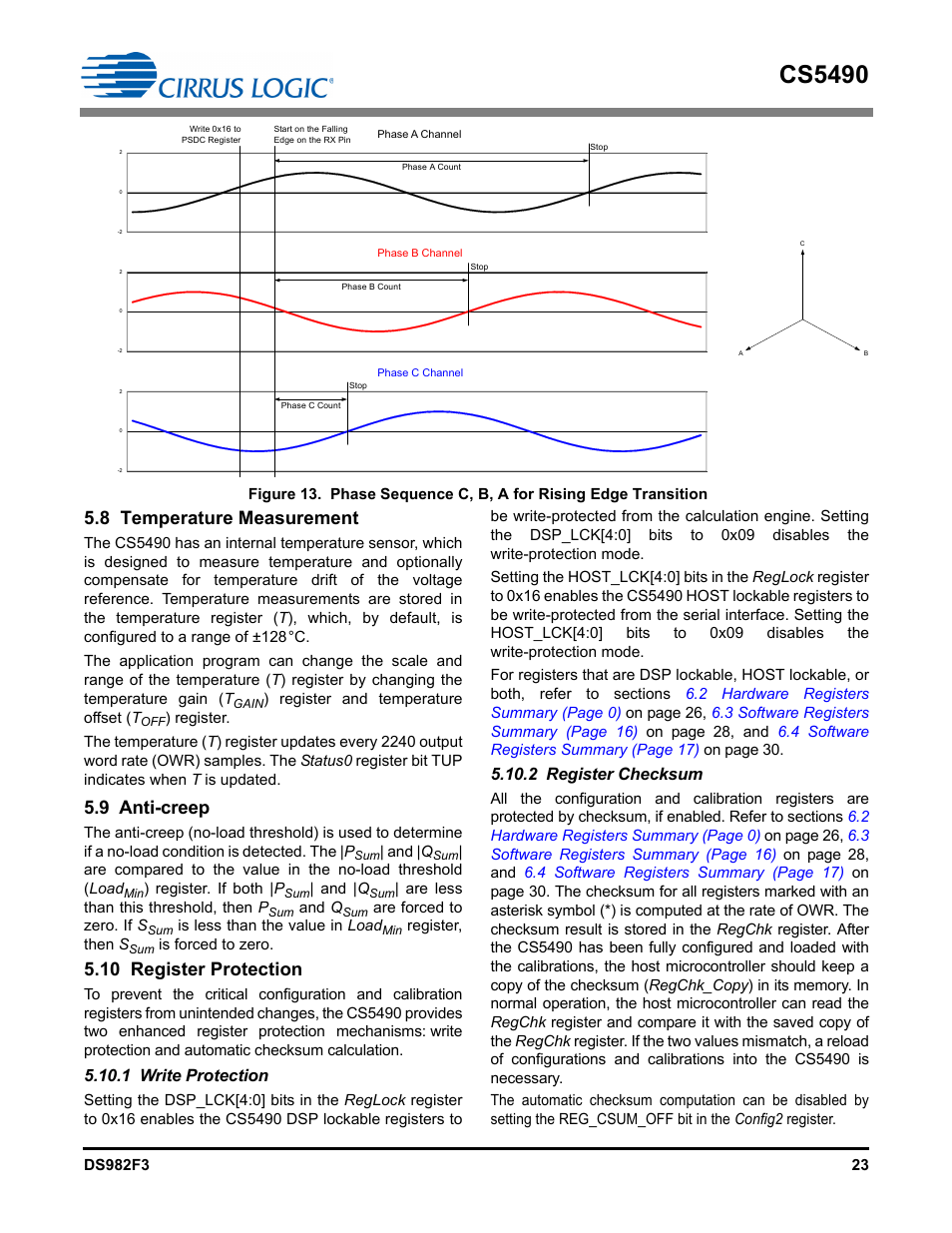 8 temperature measurement, 9 anti-creep, 10 register protection | 1 write protection, 2 register checksum, 9 anti-creep 5.10 register protection, 1 write protection 5.10.2 register checksum, Figure 13, Illustrate, Are illustrated in | Cirrus Logic CS5490 User Manual | Page 23 / 57