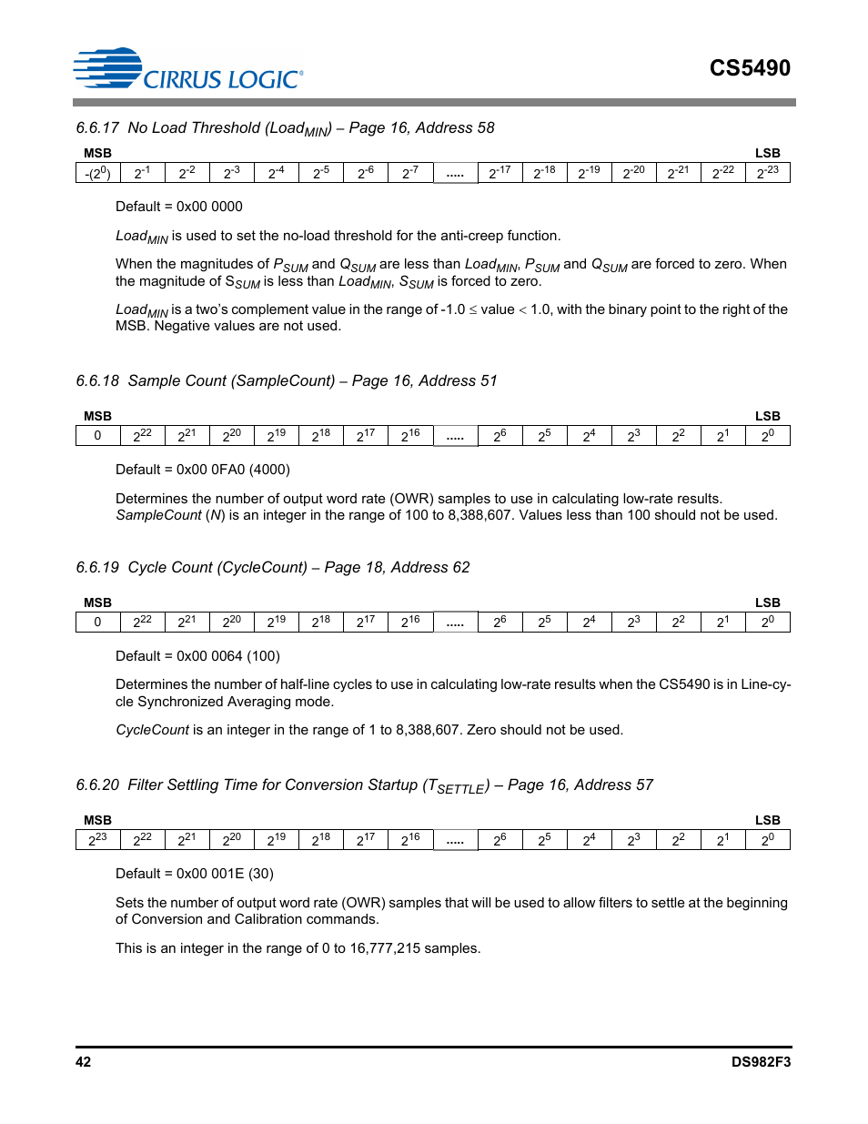 Cs5490, 17 no load threshold (load, Page 16, address 58 | 18 sample count (samplecount), Page 16, address 51, 19 cycle count (cyclecount), Page 18, address 62, 20 filter settling time for conversion startup (t, Page 16, address 57 | Cirrus Logic CS5490 User Manual | Page 42 / 57