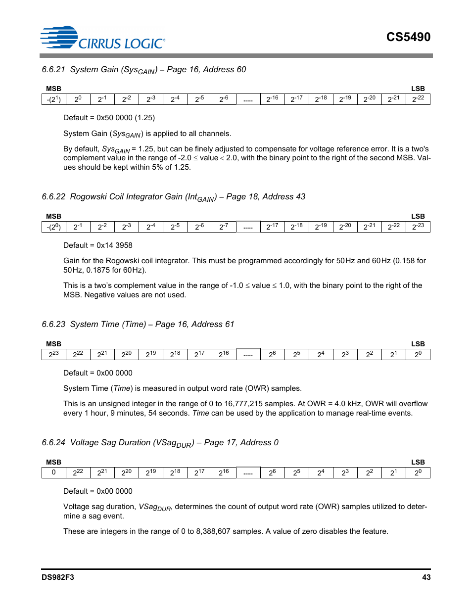 Cs5490, 21 system gain (sys, Page 16, address 60 | 22 rogowski coil integrator gain (int, Page 18, address 43, 23 system time (time), Page 16, address 61, 24 voltage sag duration (vsag, Page 17, address 0 | Cirrus Logic CS5490 User Manual | Page 43 / 57