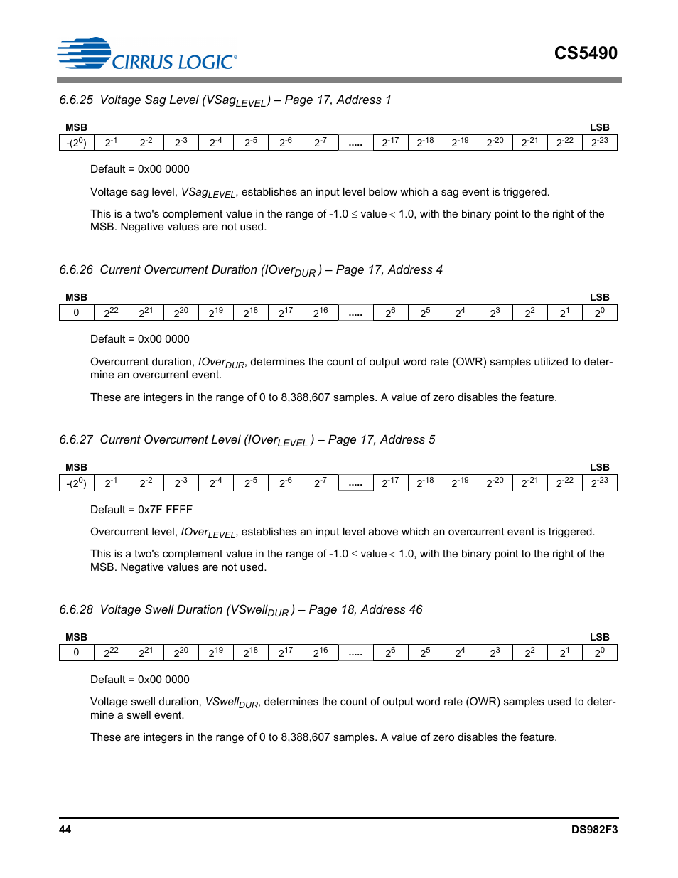 Cs5490, 25 voltage sag level (vsag, Page 17, address 1 | 26 current overcurrent duration (iover, Page 17, address 4, 27 current overcurrent level (iover, Page 17, address 5, 28 voltage swell duration (vswell, Page 18, address 46 | Cirrus Logic CS5490 User Manual | Page 44 / 57