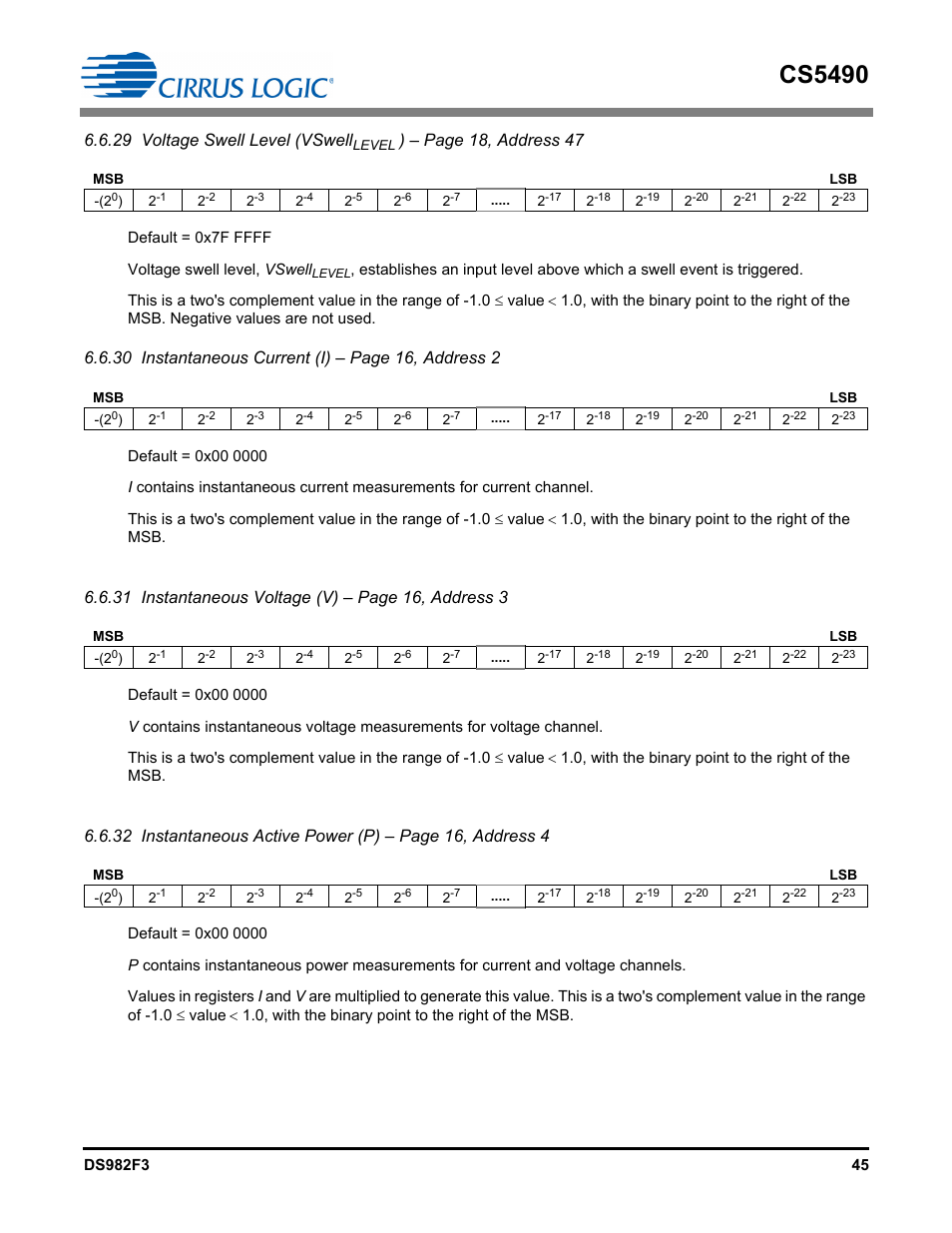 Cs5490, 29 voltage swell level (vswell, Page 18, address 47 | Cirrus Logic CS5490 User Manual | Page 45 / 57