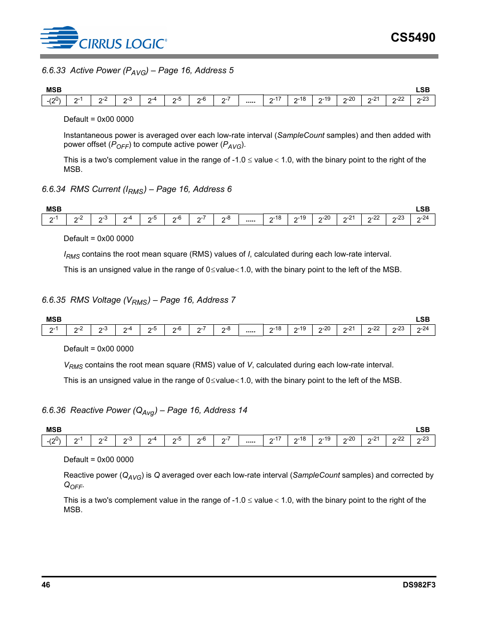 Cs5490, 33 active power (p, Page 16, address 5 | 34 rms current (i, Page 16, address 6, 35 rms voltage (v, Page 16, address 7, 36 reactive power (q, Page 16, address 14 | Cirrus Logic CS5490 User Manual | Page 46 / 57