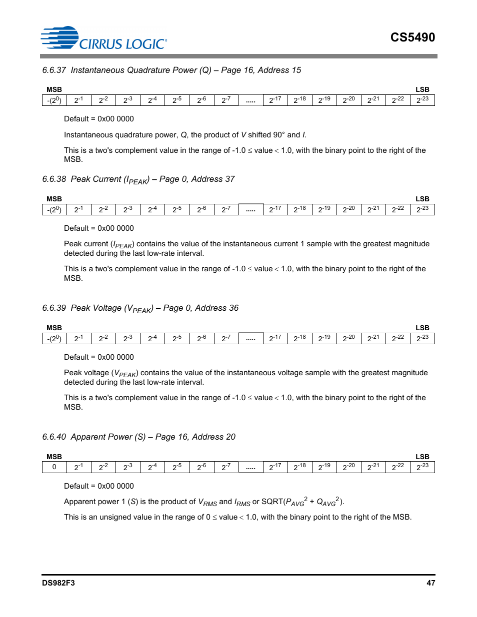Cs5490, 38 peak current (i, Page 0, address 37 | 39 peak voltage (v, Page 0, address 36 | Cirrus Logic CS5490 User Manual | Page 47 / 57