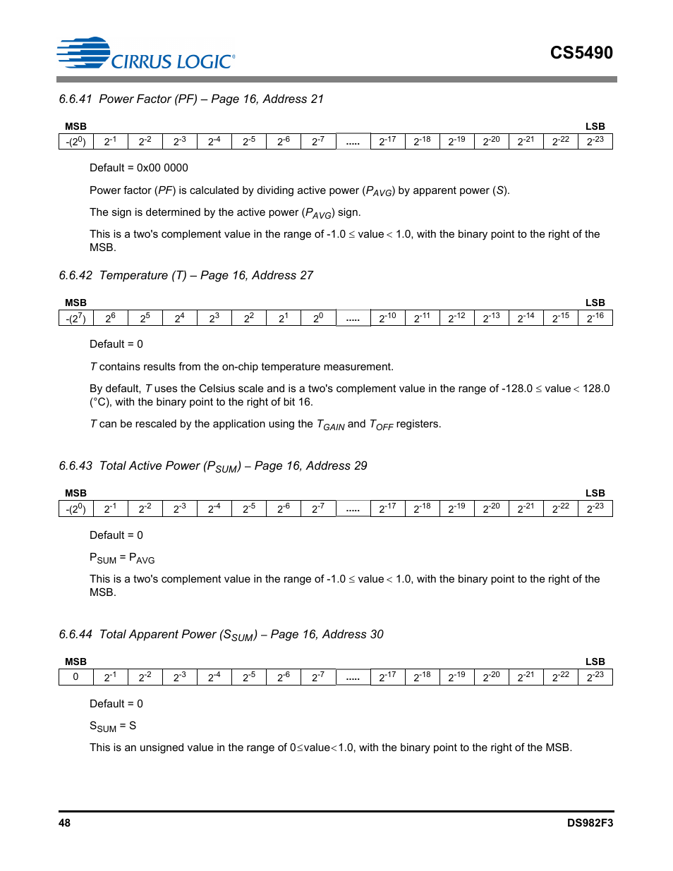 Cs5490, 43 total active power (p, Page 16, address 29 | 44 total apparent power (s, Page 16, address 30 | Cirrus Logic CS5490 User Manual | Page 48 / 57