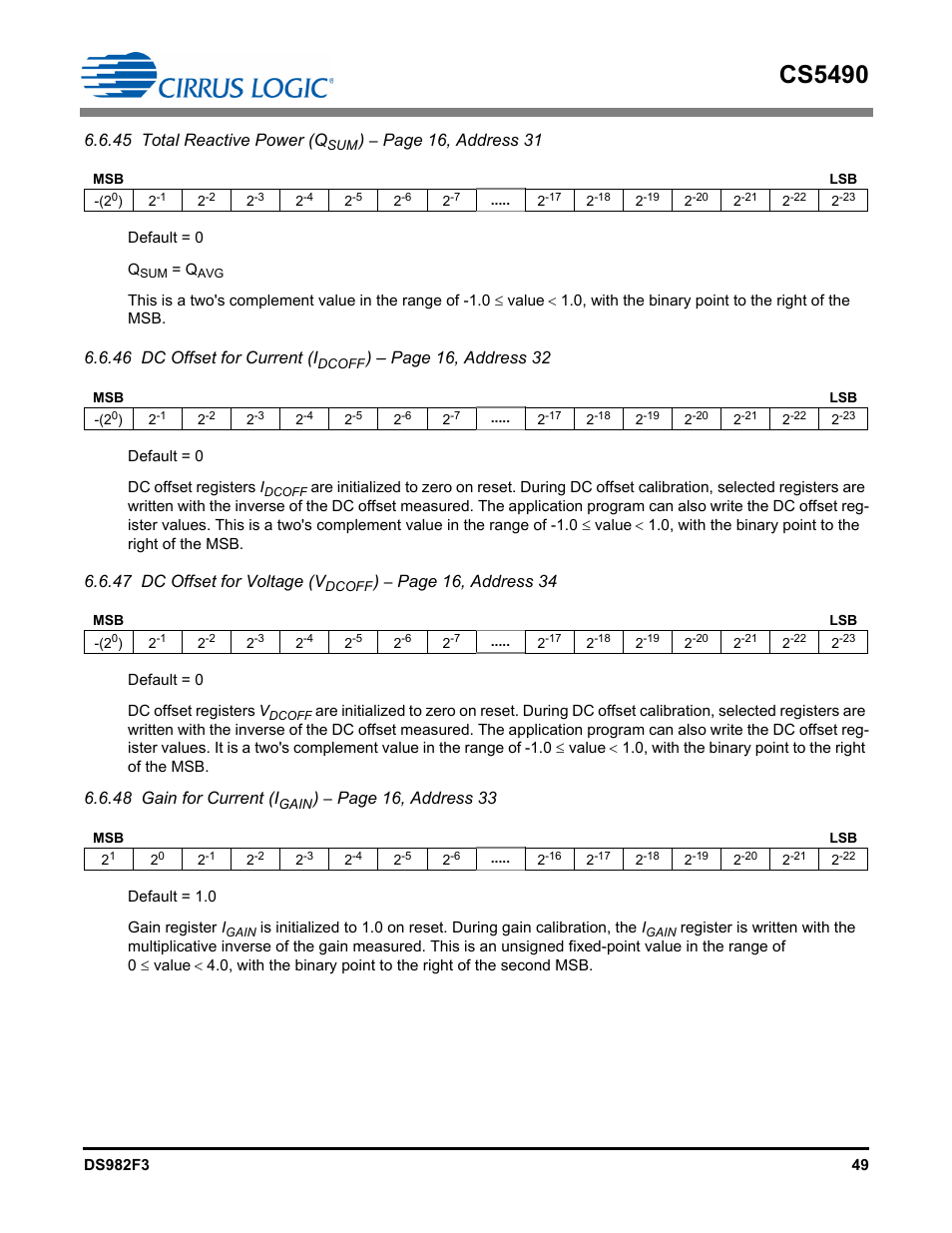 Cs5490, 45 total reactive power (q, Page 16, address 31 | 46 dc offset for current (i, Page 16, address 32, 47 dc offset for voltage (v, Page 16, address 34, 48 gain for current (i, Page 16, address 33 | Cirrus Logic CS5490 User Manual | Page 49 / 57