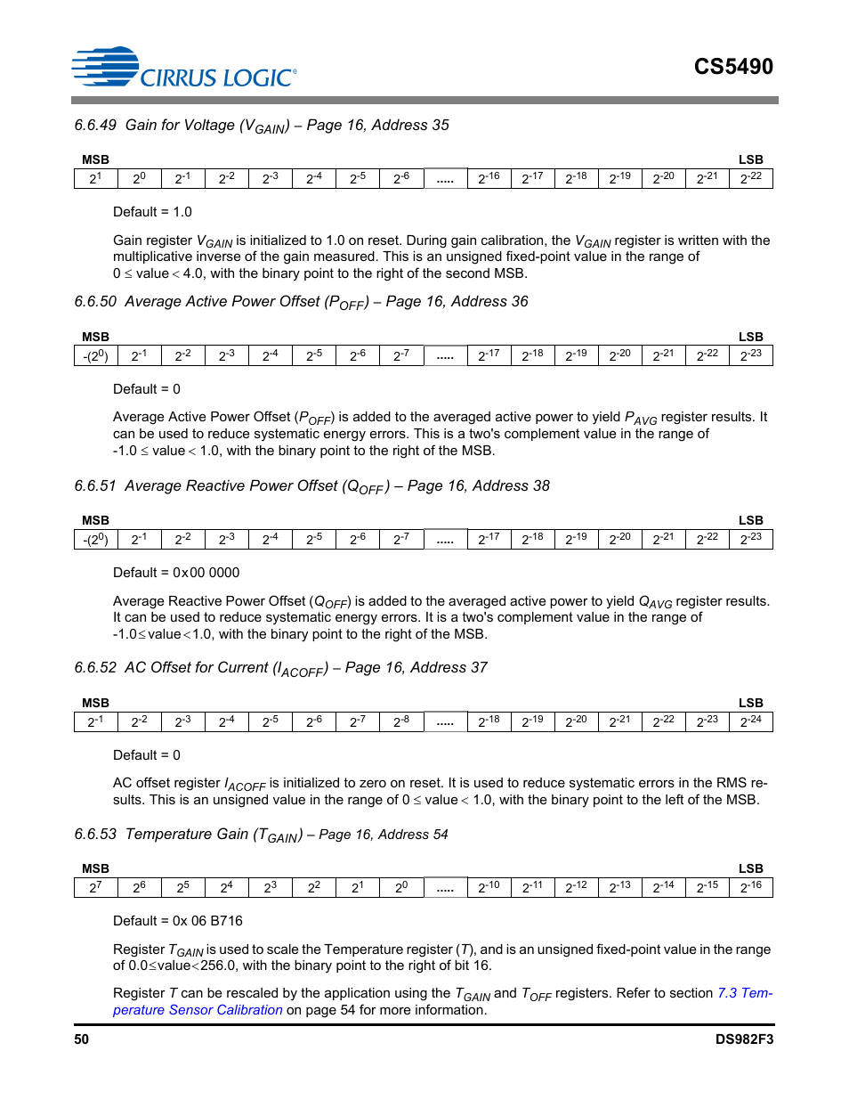 Cs5490, 49 gain for voltage (v, Page 16, address 35 | 50 average active power offset (p, Page 16, address 36, 51 average reactive power offset (q, Page 16, address 38, 52 ac offset for current (i, Page 16, address 37, 53 temperature gain (t | Cirrus Logic CS5490 User Manual | Page 50 / 57