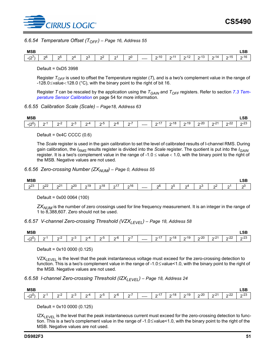 Cs5490, 54 temperature offset (t, 55 calibration scale (scale) | 56 zero-crossing number (zx, 57 v-channel zero-crossing threshold (vzx, 58 i-channel zero-crossing threshold (izx | Cirrus Logic CS5490 User Manual | Page 51 / 57