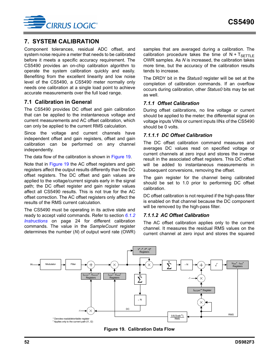 System calibration, 1 calibration in general, Figure 19. calibration data flow | 1 offset calibration, 1 dc offset calibration, 2 ac offset calibration, Cs5490 | Cirrus Logic CS5490 User Manual | Page 52 / 57