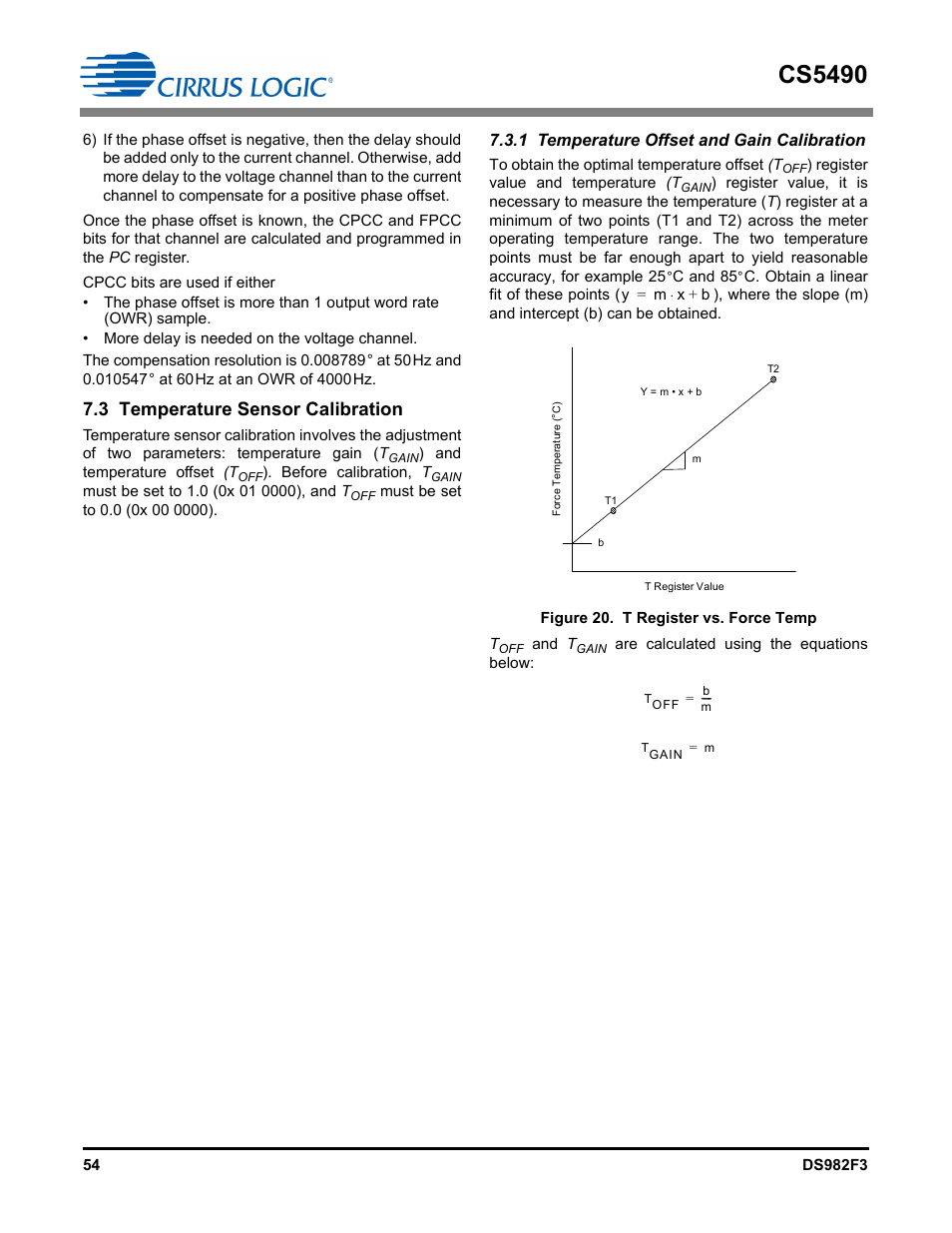 3 temperature sensor calibration, 1 temperature offset and gain calibration, Figure 20. t register vs. force temp | 3 tem, Perature sensor calibration, Cs5490 | Cirrus Logic CS5490 User Manual | Page 54 / 57