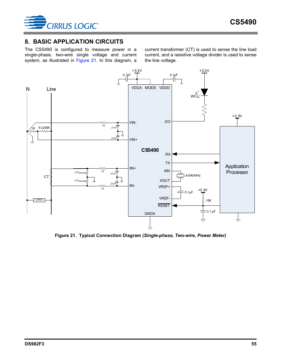 Basic application circuits, Figure 21. typical connection diagram (single-p, Cs5490 | Cs5490 line n, Application processor | Cirrus Logic CS5490 User Manual | Page 55 / 57