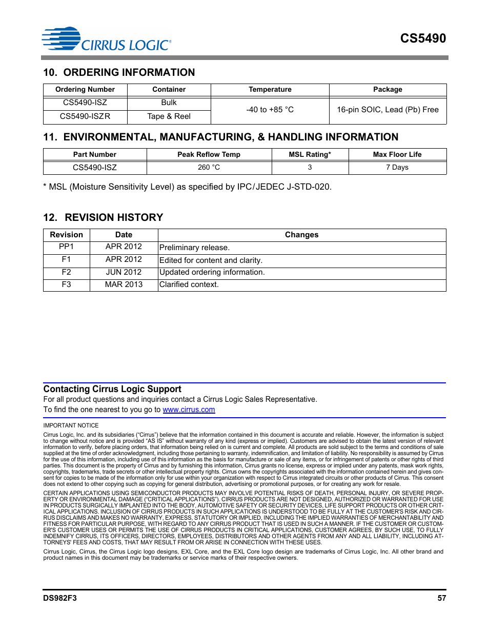 Ordering information, Revision history, Cs5490 | Contacting cirrus logic support | Cirrus Logic CS5490 User Manual | Page 57 / 57