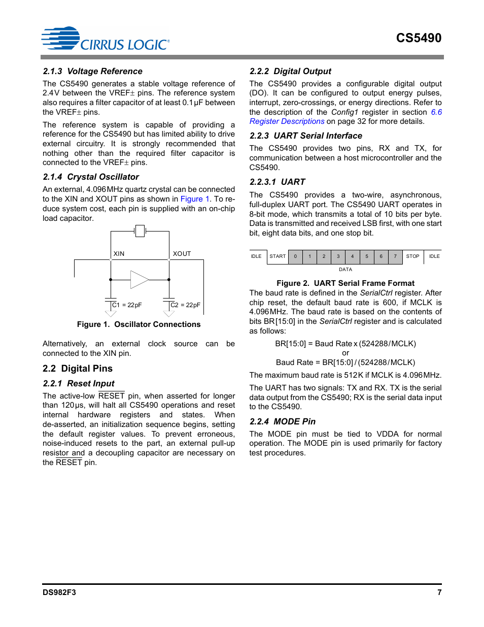 3 voltage reference, 4 crystal oscillator, Figure 1. oscillator connections | 2 digital pins, 1 reset input, 2 digital output, 3 uart serial interface, 1 uart, Figure 2. uart serial frame format, 4 mode pin | Cirrus Logic CS5490 User Manual | Page 7 / 57