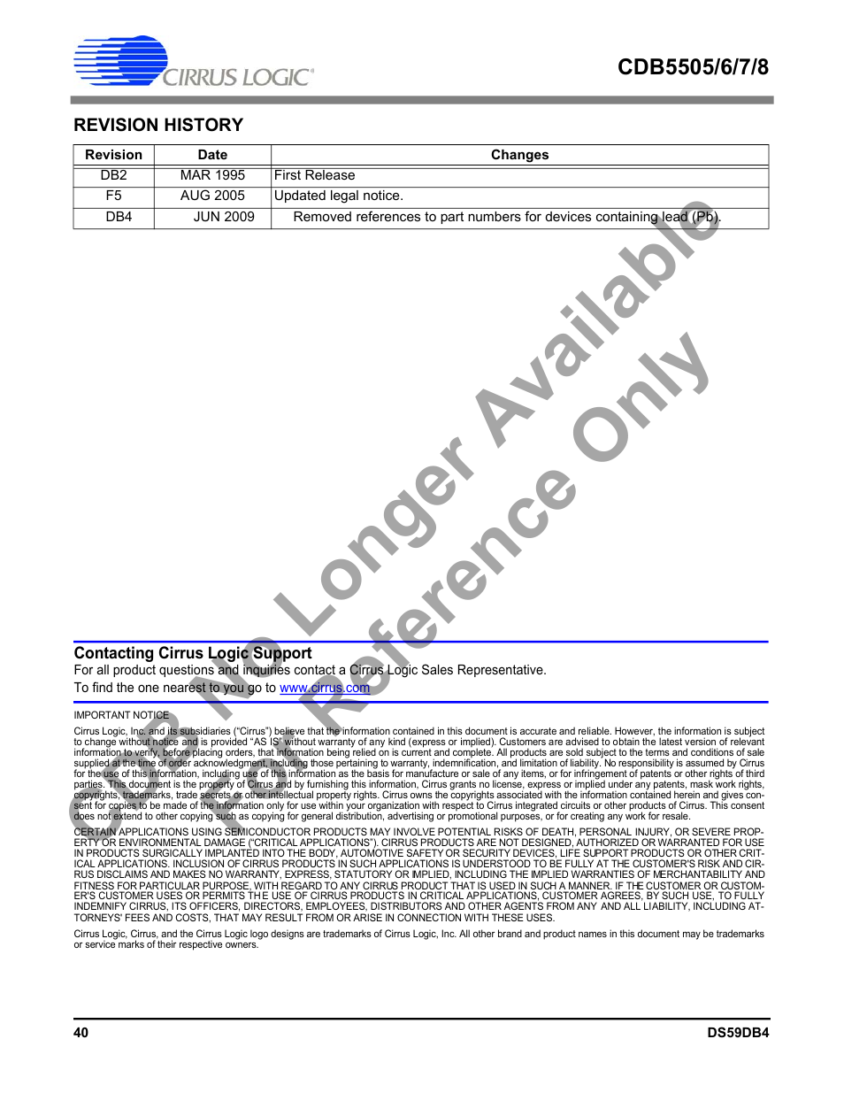 Cdb no longer available for reference only | Cirrus Logic CS5508 User Manual | Page 40 / 40