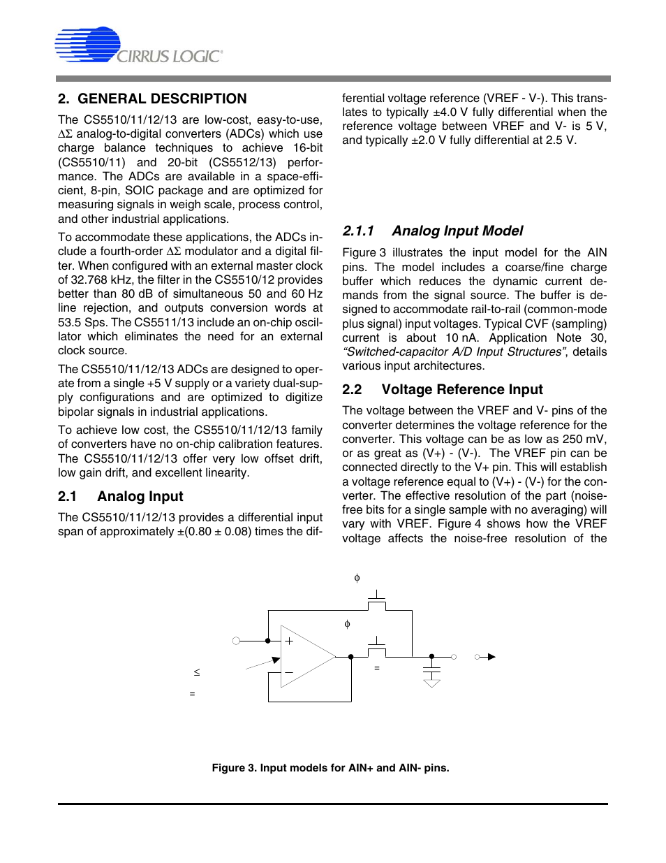 General description, 1 analog input, 1 analog input model | 2 voltage reference input, Figure 3. input models for ain+ and ain- pins | Cirrus Logic CS5513 User Manual | Page 10 / 26