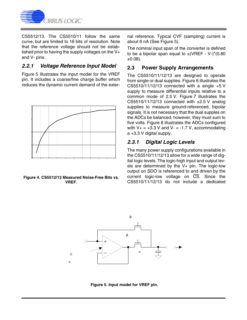 1 voltage reference input model, 3 power supply arrangements, 1 digital logic levels | E section 2.3.1, “digital logic levels” an | Cirrus Logic CS5513 User Manual | Page 11 / 26