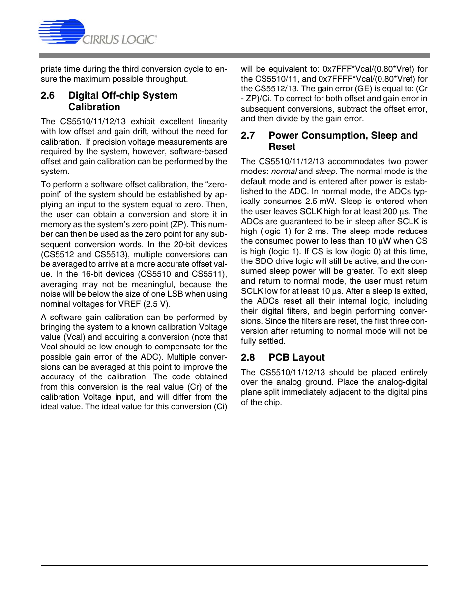 6 digital off-chip system calibration, 7 power consumption, sleep and reset, 8 pcb layout | Cirrus Logic CS5513 User Manual | Page 20 / 26