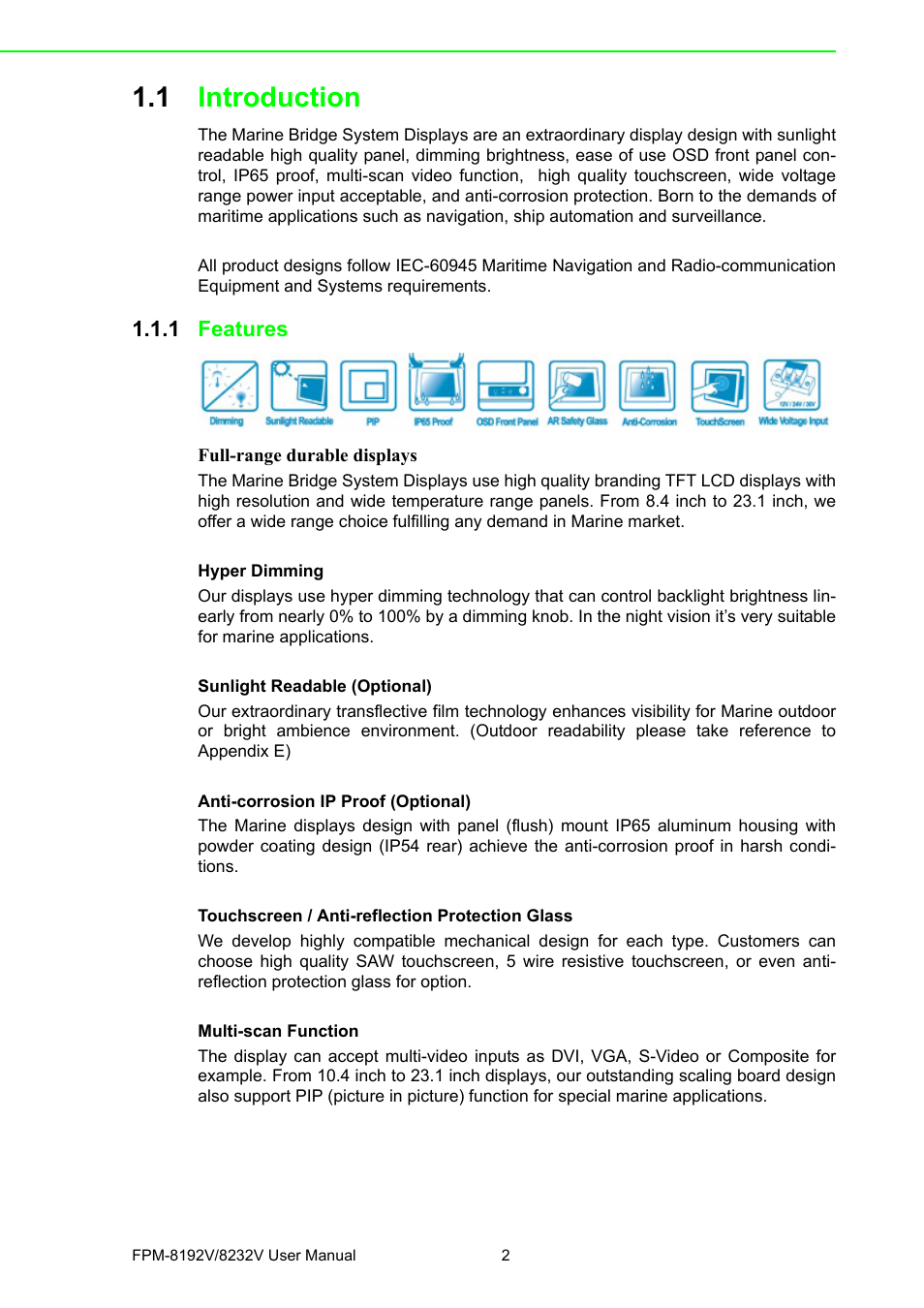 1 introduction, 1 features, Introduction 1.1.1 | Features | Advantech FPM-8192V/8232V User Manual | Page 10 / 48