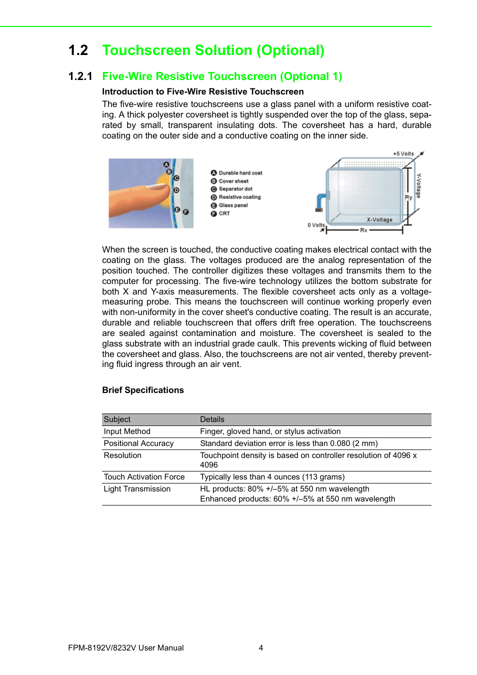2 touchscreen solution (optional), 1 five-wire resistive touchscreen (optional 1), Touchscreen solution (optional) 1.2.1 | Five-wire resistive touchscreen (optional 1) | Advantech FPM-8192V/8232V User Manual | Page 12 / 48