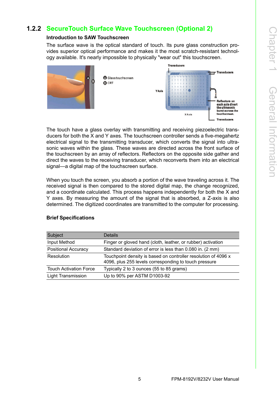 Securetouch surface wave touchscreen (optional 2), Chapter 1 g eneral information | Advantech FPM-8192V/8232V User Manual | Page 13 / 48