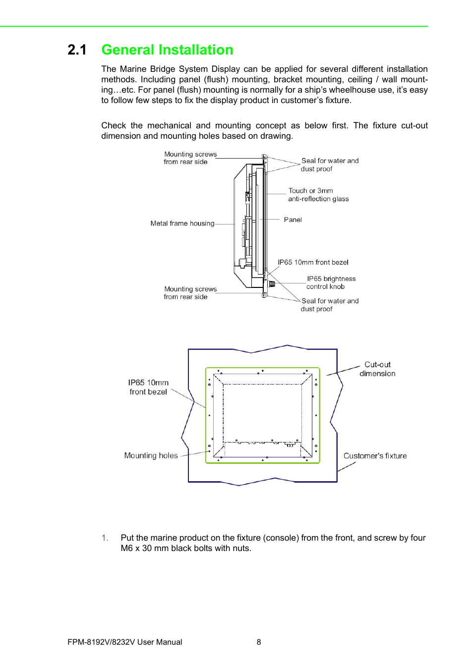 1 general installation, General installation | Advantech FPM-8192V/8232V User Manual | Page 16 / 48