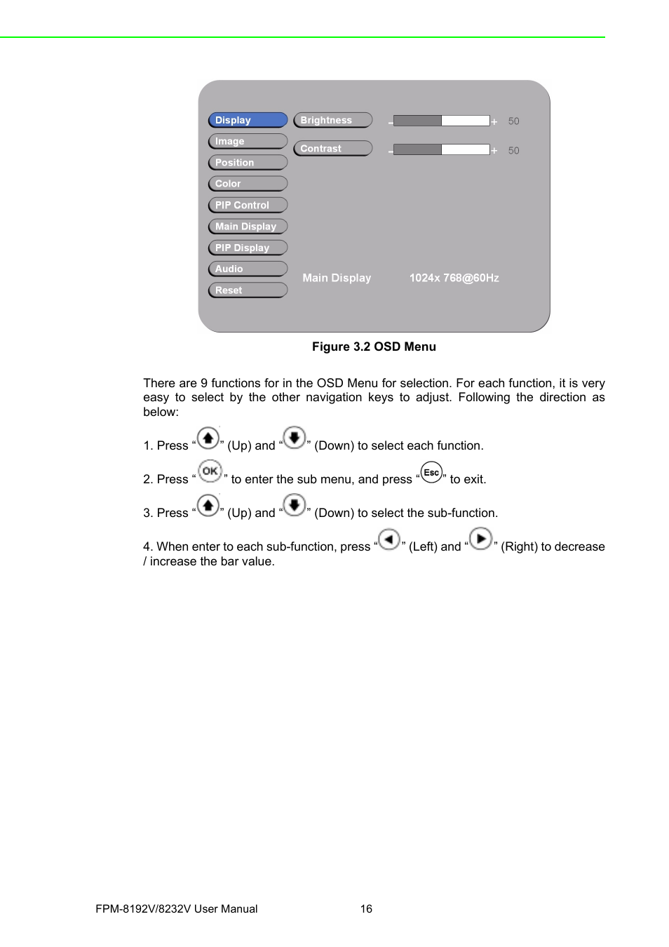 Figure 3.2 osd menu | Advantech FPM-8192V/8232V User Manual | Page 24 / 48
