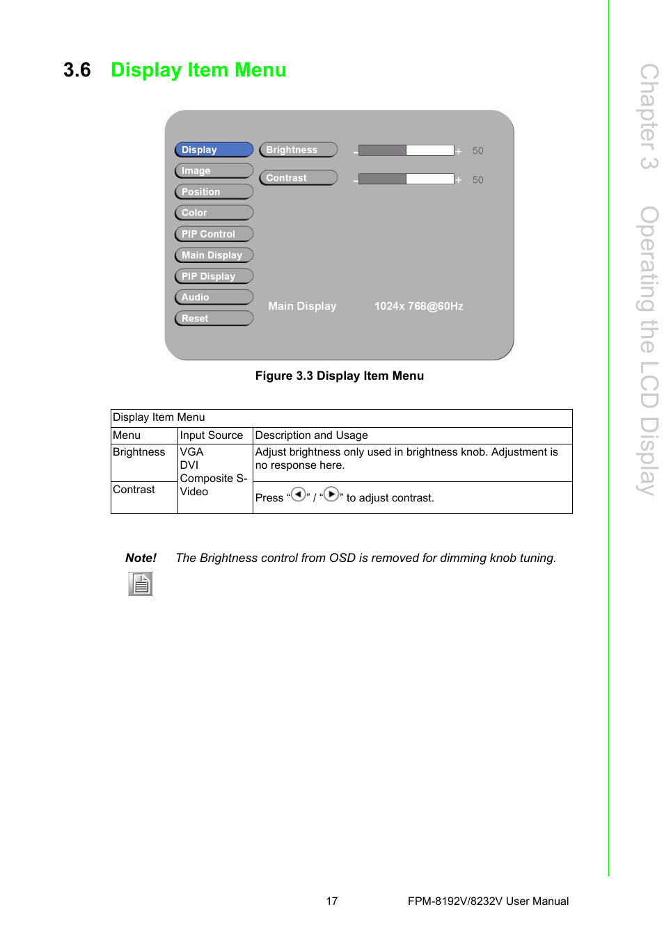 6 display item menu, Figure 3.3 display item menu, Display item menu | Chapter 3 o perating the lcd display | Advantech FPM-8192V/8232V User Manual | Page 25 / 48