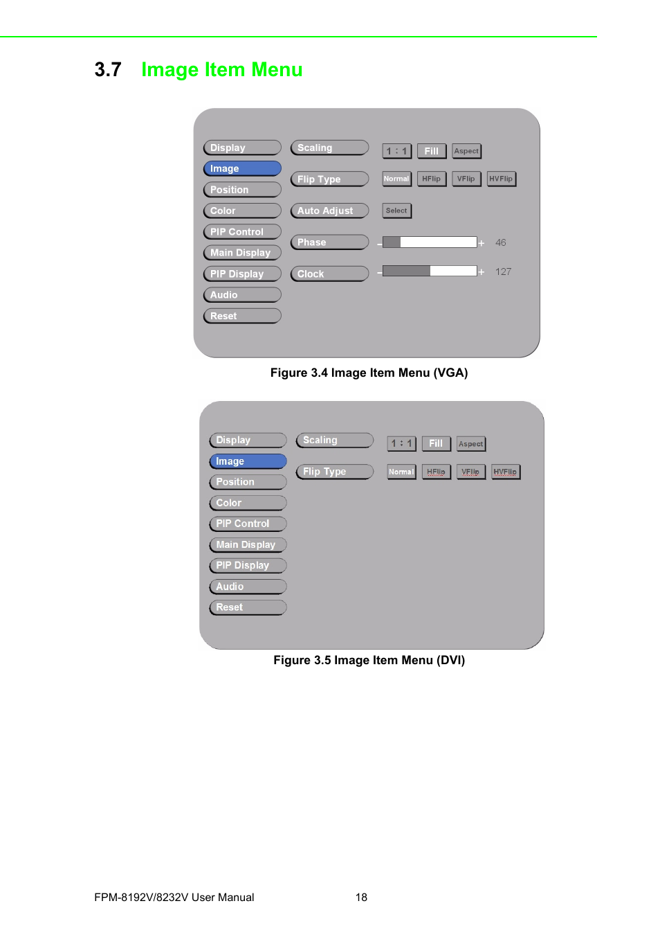 7 image item menu, Figure 3.4 image item menu (vga), Figure 3.5 image item menu (dvi) | Image item menu | Advantech FPM-8192V/8232V User Manual | Page 26 / 48