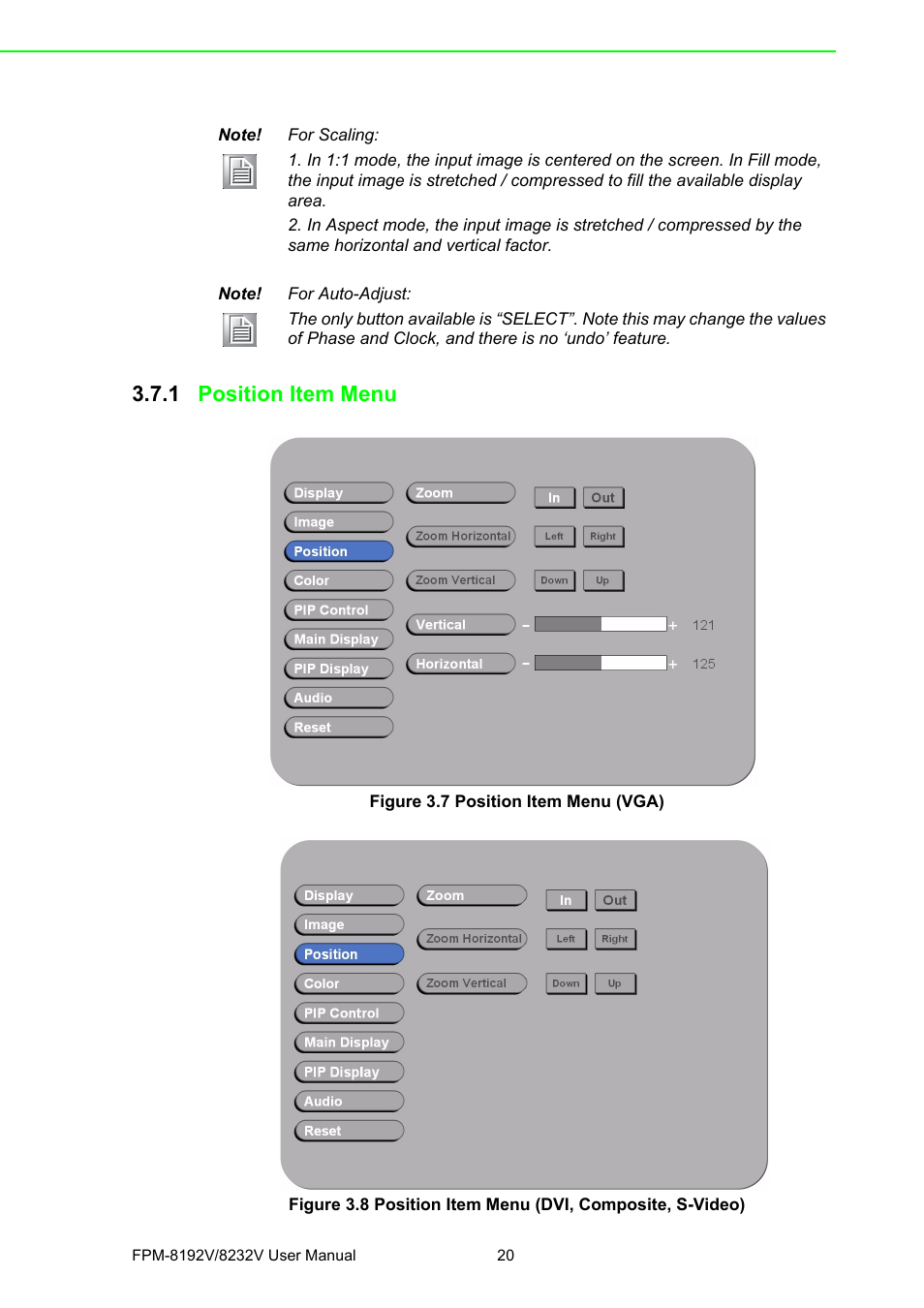 1 position item menu, Figure 3.7 position item menu (vga) | Advantech FPM-8192V/8232V User Manual | Page 28 / 48