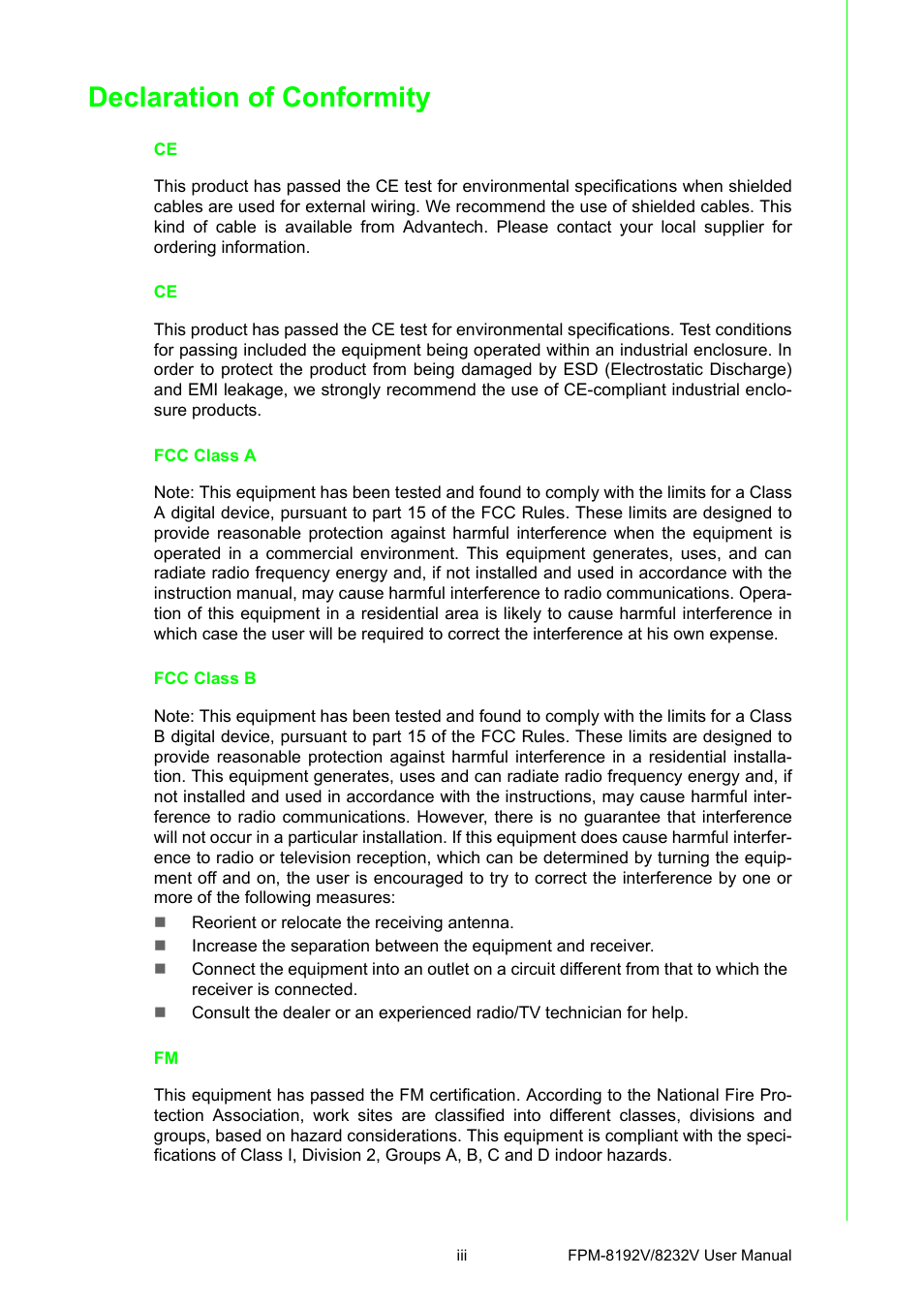 Declaration of conformity | Advantech FPM-8192V/8232V User Manual | Page 3 / 48
