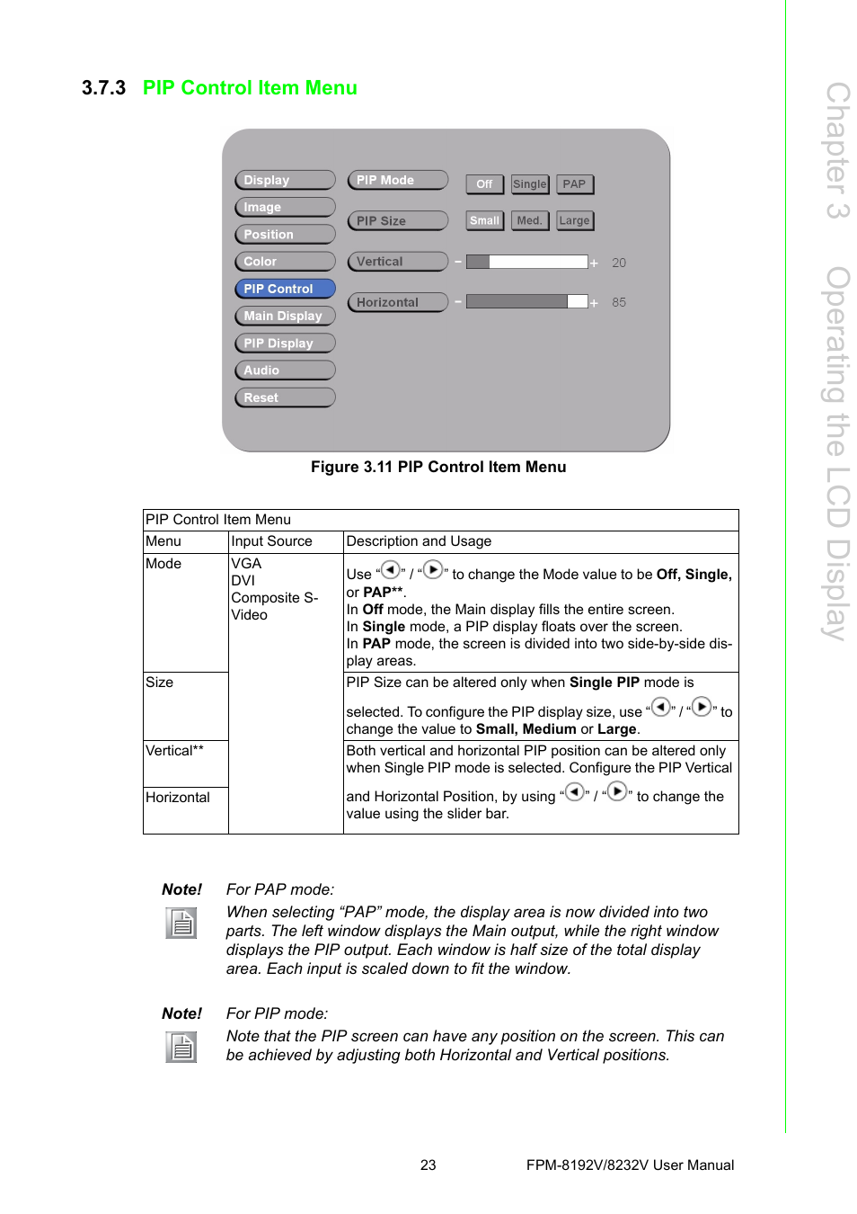 3 pip control item menu, Figure 3.11 pip control item menu, Chapter 3 o perating the lcd display | Advantech FPM-8192V/8232V User Manual | Page 31 / 48