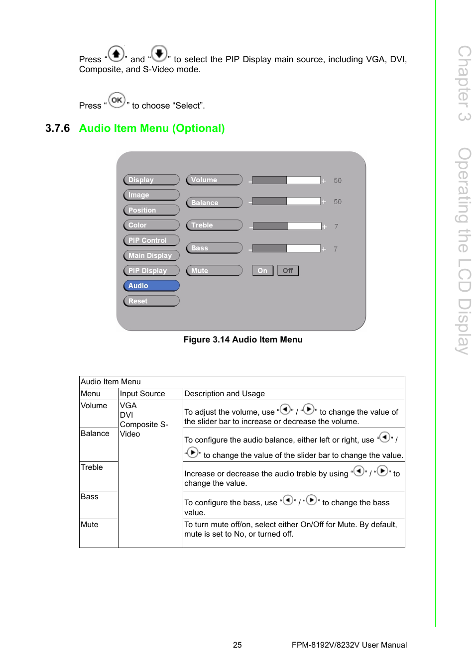 6 audio item menu (optional), Figure 3.14 audio item menu, Chapter 3 o perating the lcd display | Advantech FPM-8192V/8232V User Manual | Page 33 / 48
