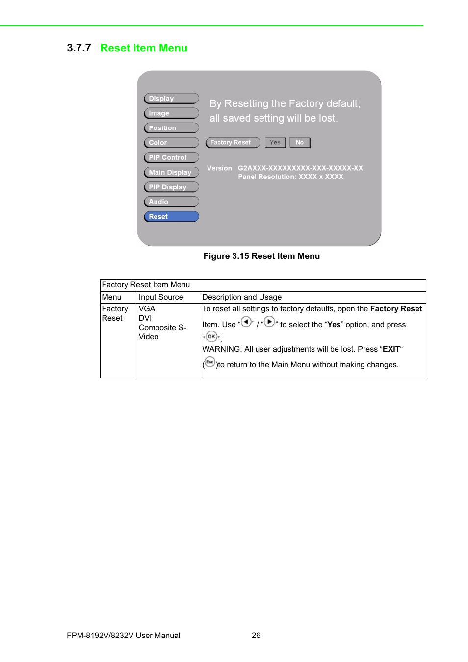 7 reset item menu, Figure 3.15 reset item menu, Reset item menu figure 3.15reset item menu | Advantech FPM-8192V/8232V User Manual | Page 34 / 48