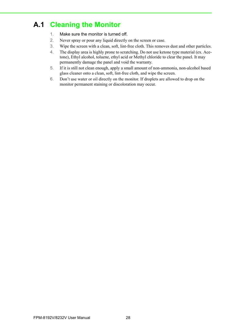 A.1 cleaning the monitor, Cleaning the monitor | Advantech FPM-8192V/8232V User Manual | Page 36 / 48