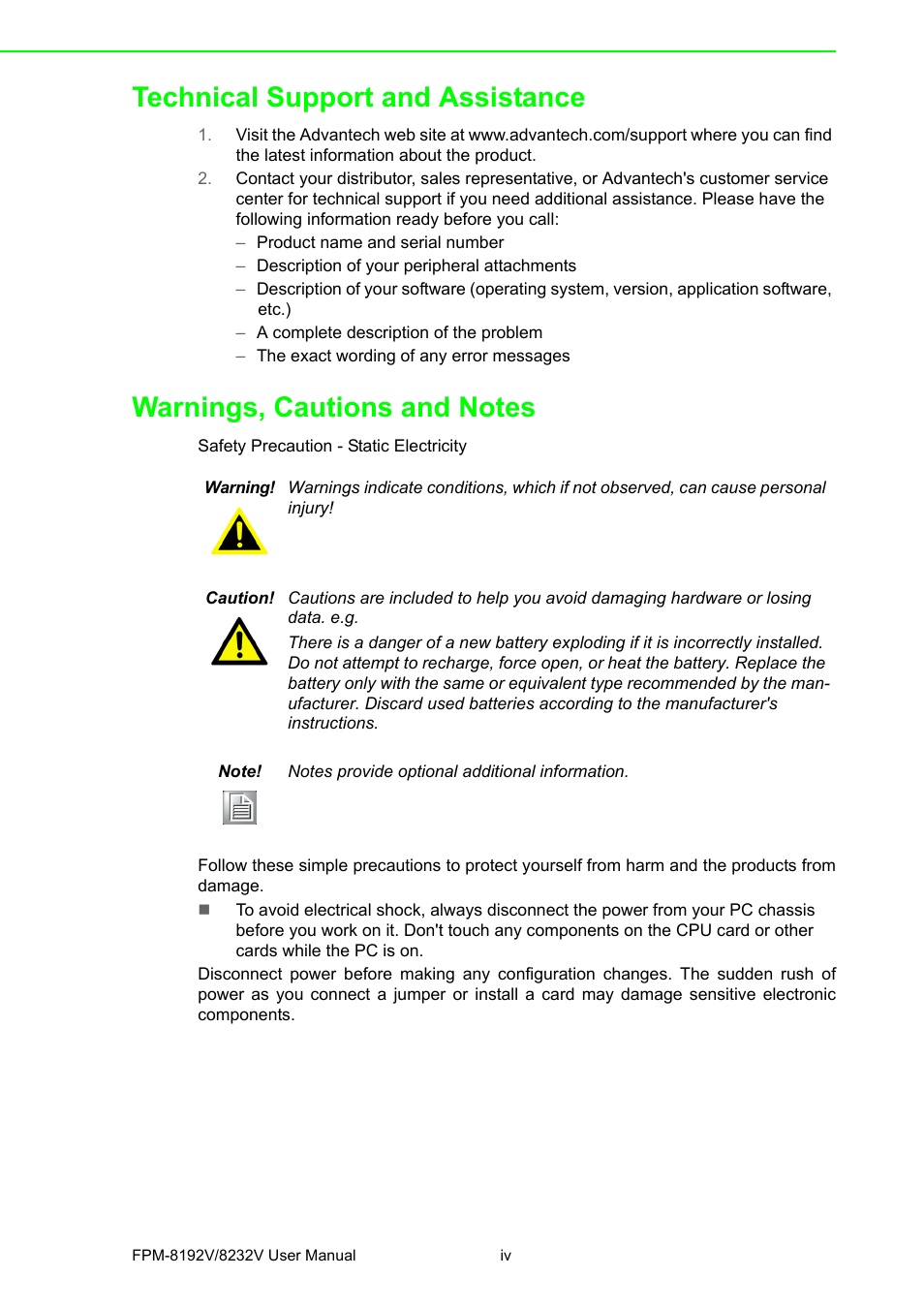 Technical support and assistance | Advantech FPM-8192V/8232V User Manual | Page 4 / 48