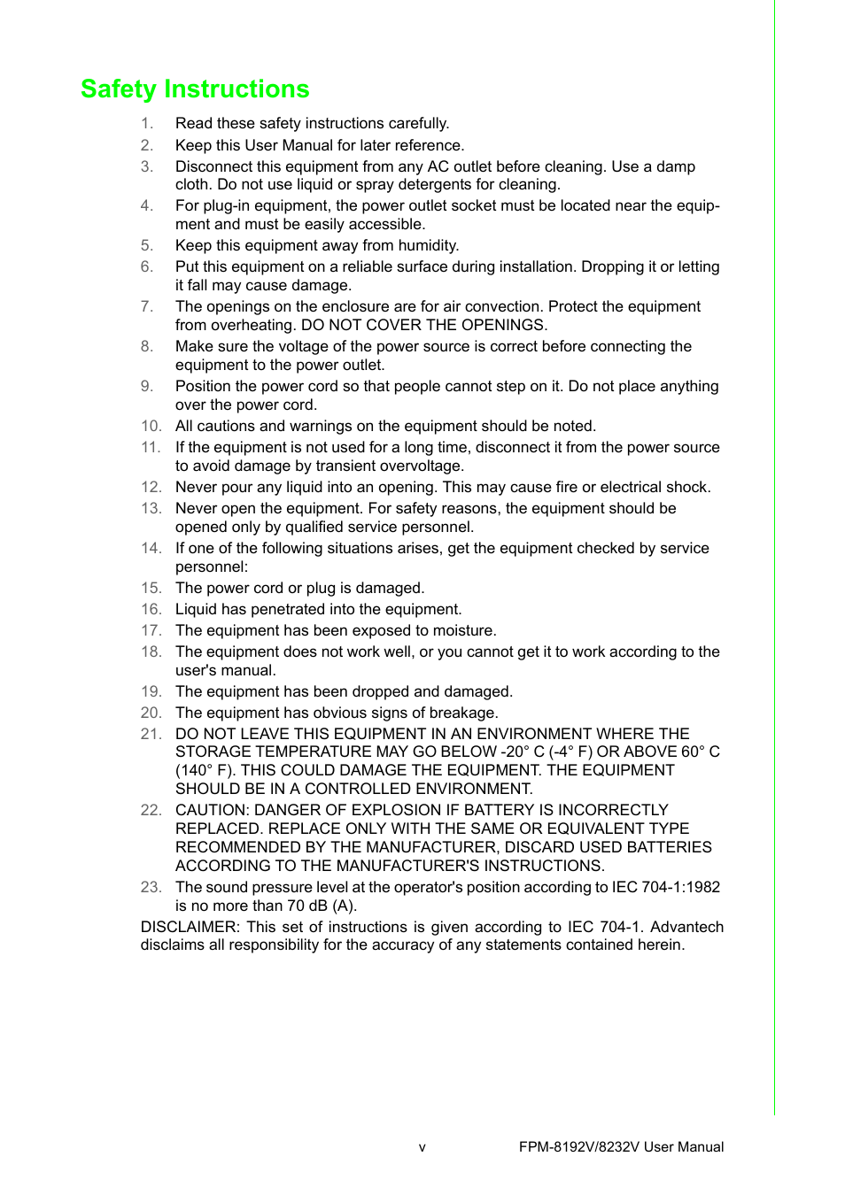 Safety instructions | Advantech FPM-8192V/8232V User Manual | Page 5 / 48
