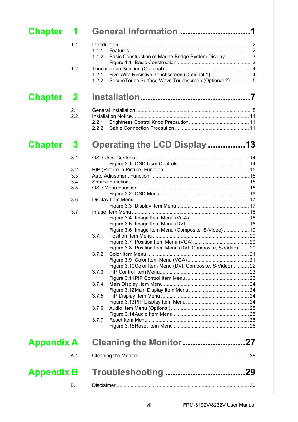 Chapter 1 general information, Chapter 2 installation, Chapter 3 operating the lcd display | Appendix a cleaning the monitor, Appendix b troubleshooting | Advantech FPM-8192V/8232V User Manual | Page 7 / 48