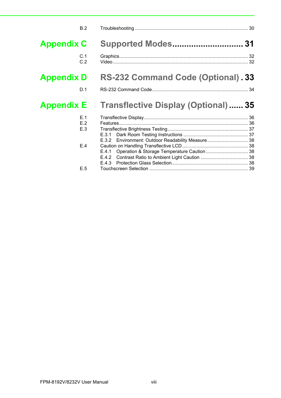 Appendix c supported modes, Appendix e transflective display (optional) | Advantech FPM-8192V/8232V User Manual | Page 8 / 48